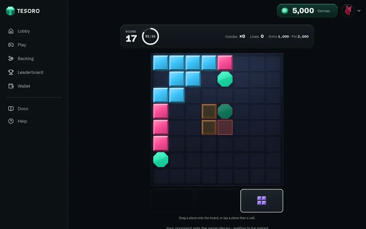 A Block Puzzle run: the board, the three pieces and the score