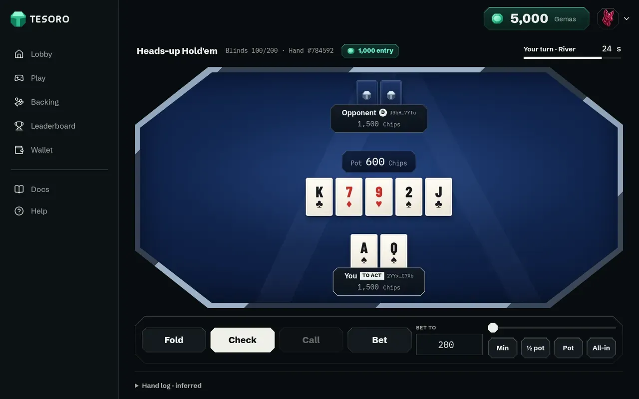 A Hold'em table, heads-up, with the pot and action buttons